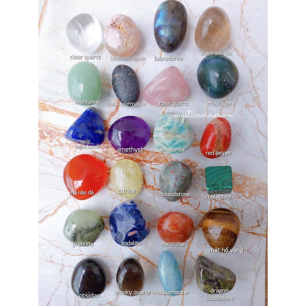 (2 - 3 cm) Set 24 viên đá thạch anh tumbled, Set đá may mắn thanh tẩy Tarot, Reiki, Phong Thủy, Thiền Định
