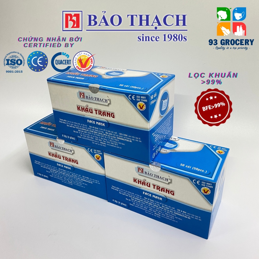 Hộp khẩu trang y tế 4 lớp Bảo Thạch kháng khuẩn màu xanh hộp 50 cái | BigBuy360 - bigbuy360.vn
