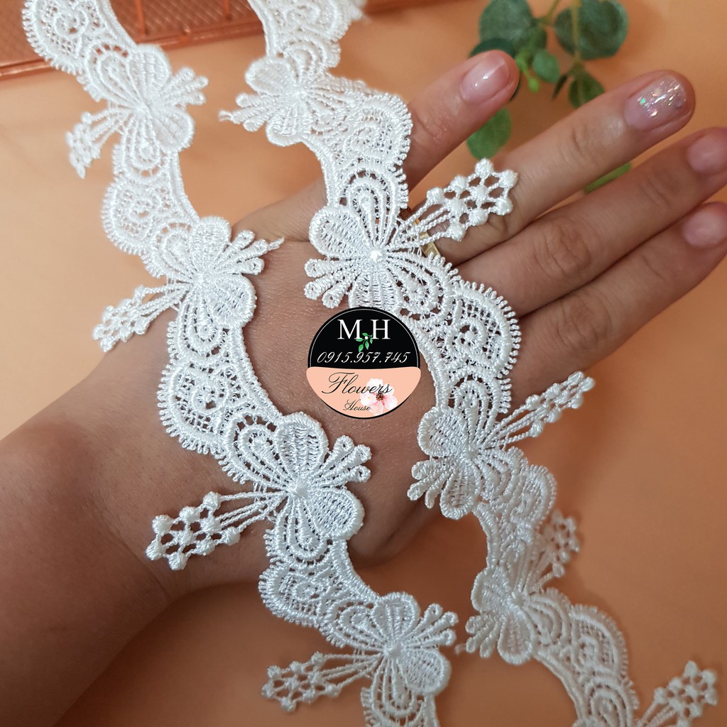 RC23 Cuộn 13 mét dây ren viền may đồ ren thêu hoa ren chỉ trắng hình bướm rộng 5cm