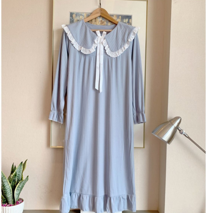 Đầm ngủ tay dài dáng rộng thiết kế thắt nơ thời trang dễ thương cho nữ