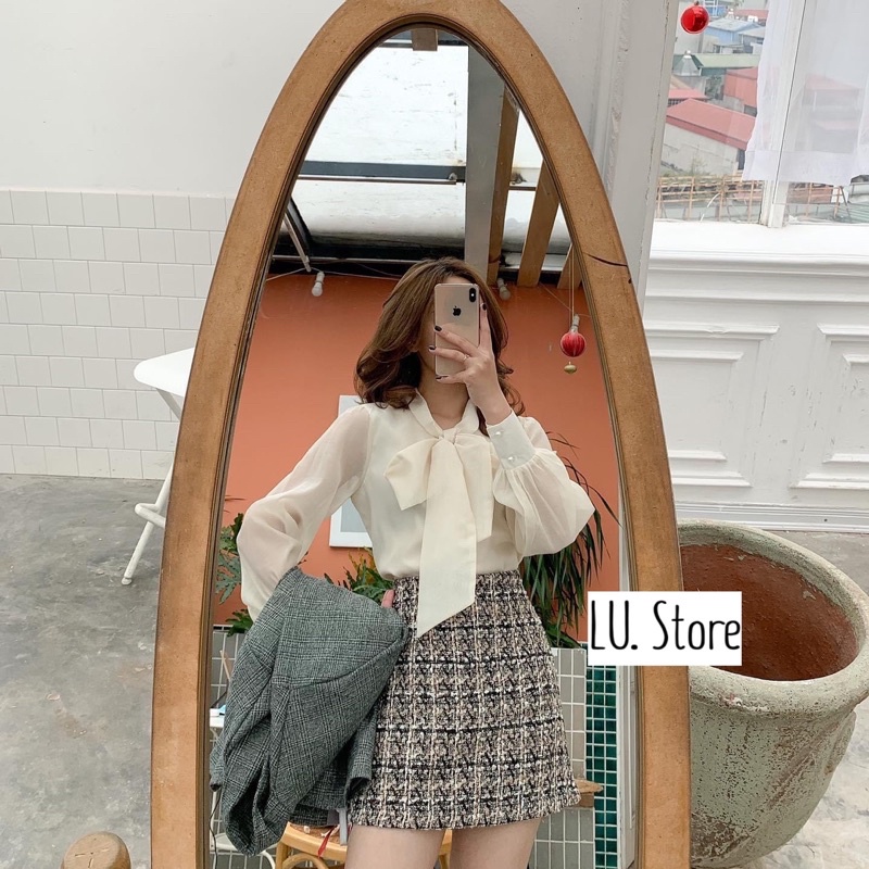 Áo Sơ Mi Nữ Voan trắng kiểu Organza buộc nơ tay phồng thiết kế dáng suông tiểu thư đẹp trẻ trung cúc ngọc Hàg Quảng Châu | BigBuy360 - bigbuy360.vn