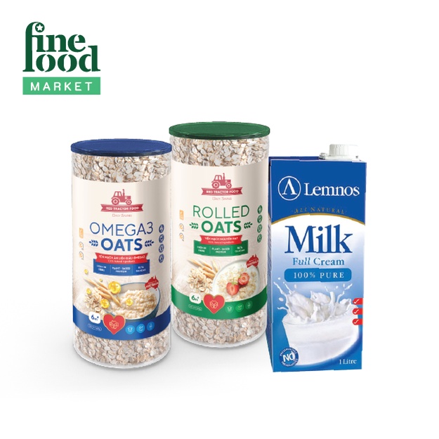 [Combo chuẩn dáng] yến mạch cán dẹt nguyên hạt 400g +yến mạch nguyên chất omega3 500gr+ sữa tươi tiệt trùng Lemnos 1 lít