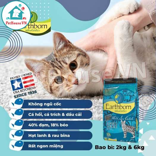 EARTHBORN WILD SEA CATCH - Túi 500G Thức Ăn Hạt Cho Mèo Và Mèo Con Vị Cá Hồi & Cá Trích Hàng Chính Hãng