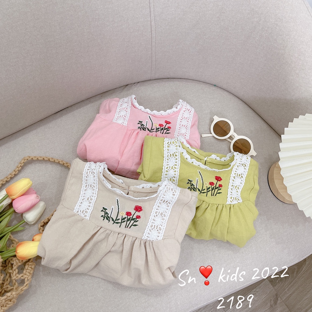 Đầm babydoll cho bé gái, váy babydoll vải đũi cara cổ thêu hoa xịn xò cho bé