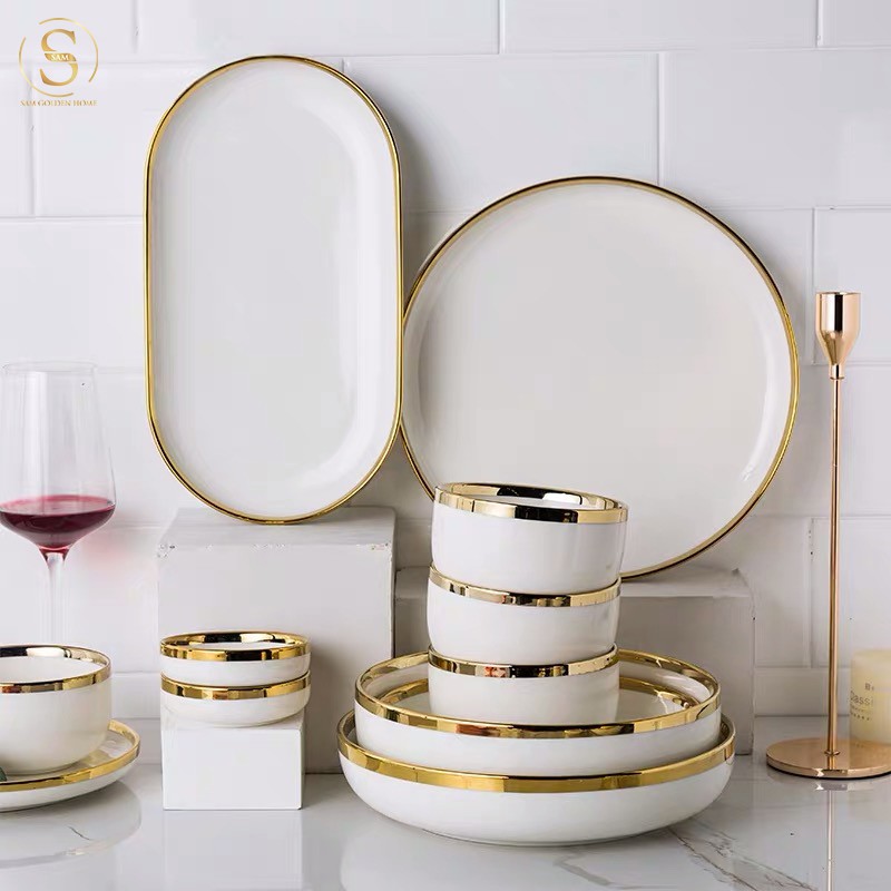Bộ Tô Chén Dĩa Đĩa Sứ Cao Cấp Victorian Viền Vàng Gold Sang Trọng