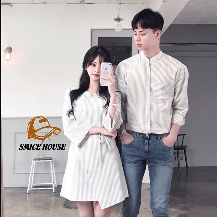ÁO ĐÔI ĐẦM CẶP CHỤP HÌNH CƯỚI ĐỒ CẶP ÁO SỢ MI ĐẦM XẺ TÀ XÉO SỌC