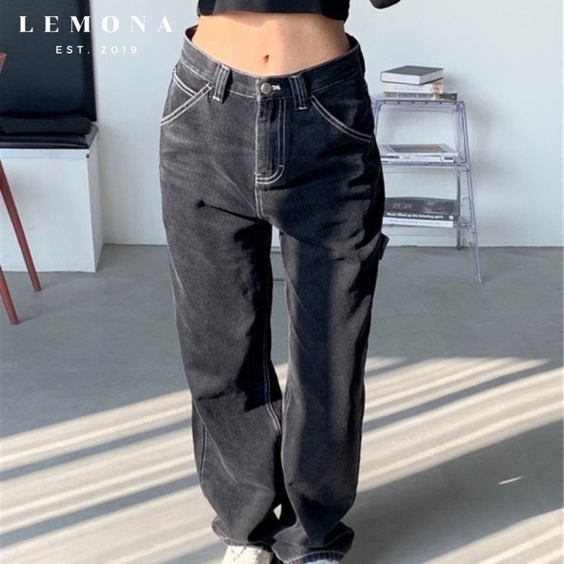 Quần Bò Túi Vuông Bự Cá Tính Quần Jeans Ống Rộng Nữ Túi Bự Đai Sau Phong Cách