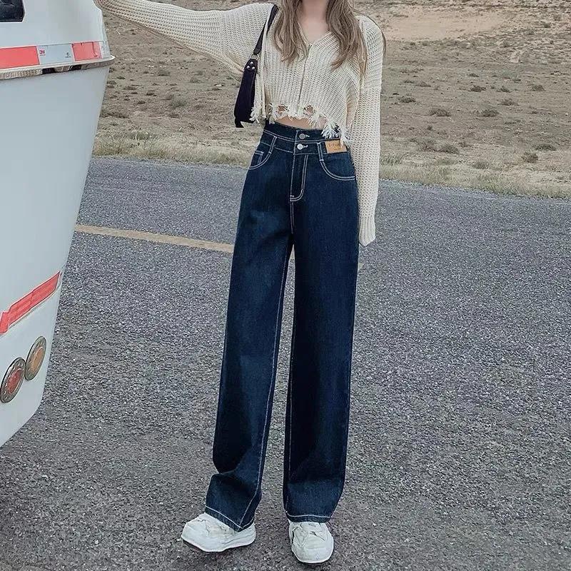 Quần Jeans Đen Dài Ống Rộng Lưng Cao 2022 Thời Trang Cho Nữ