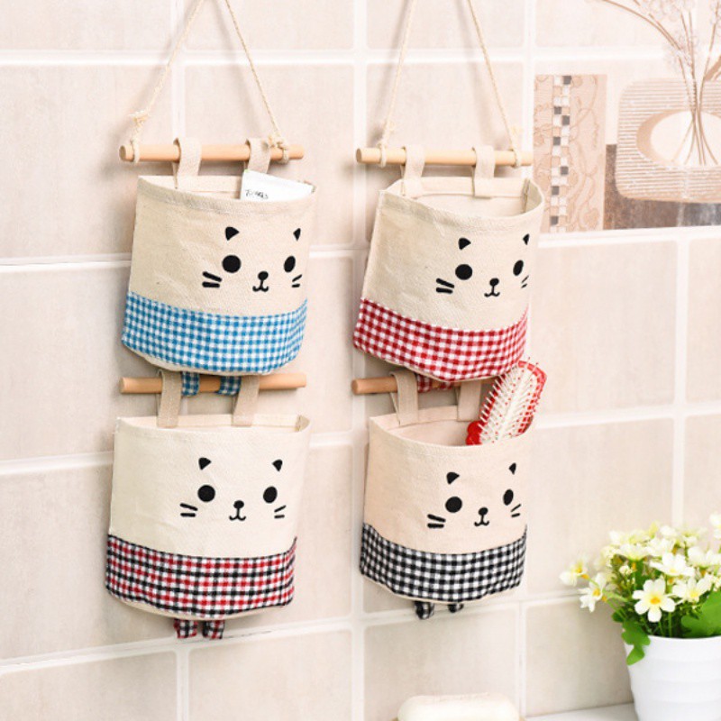 Puppy And Kitty Dễ thương treo tường tổ chức Cotton vải lanh treo tường túi lưu trữ