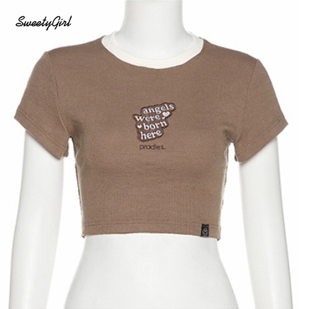 Áo Thun Croptop Tay Ngắn Cổ Tròn In Chữ Phối Màu Tương Phản Thời Trang 2022 Cho Nữ