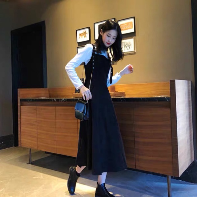 M-4XL Set áo + yếm dáng dài vintage thu đông 2019