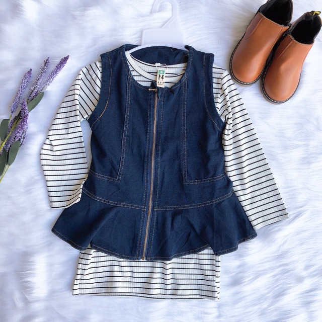 Set áo thun kẻ tay dài phối denim jean bé gái