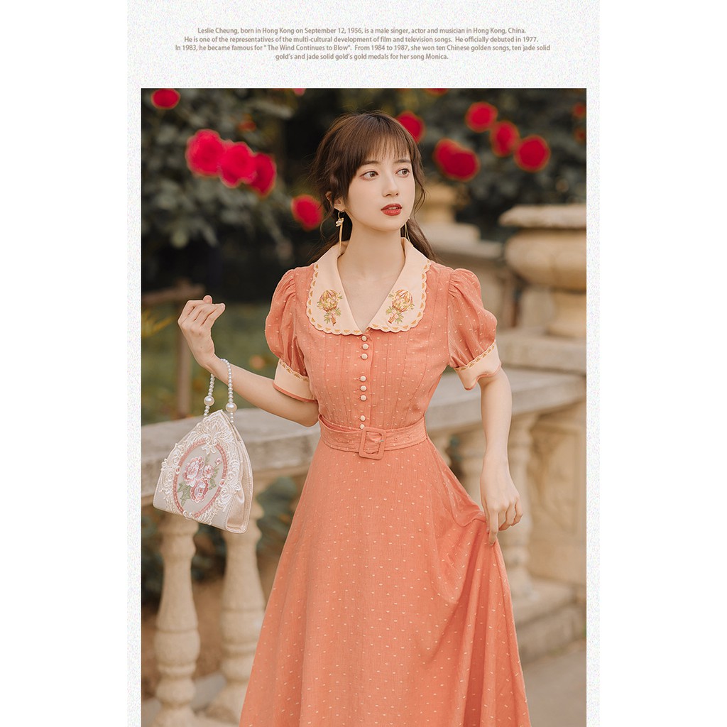 MS514 - Đầm thêu cổ sen DONNA'S phong cách Retro dáng xòe dài họa tiết thêu tay ngắn chiết eo cổ điển Pháp thời trang nữ