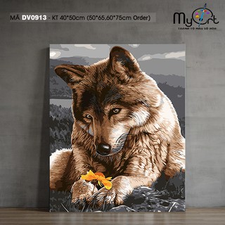 Tranh tự tô màu theo số sơn dầu số hóa Myart - Tranh động vật hoang dã Chó sói ngắm hoa DV0913
