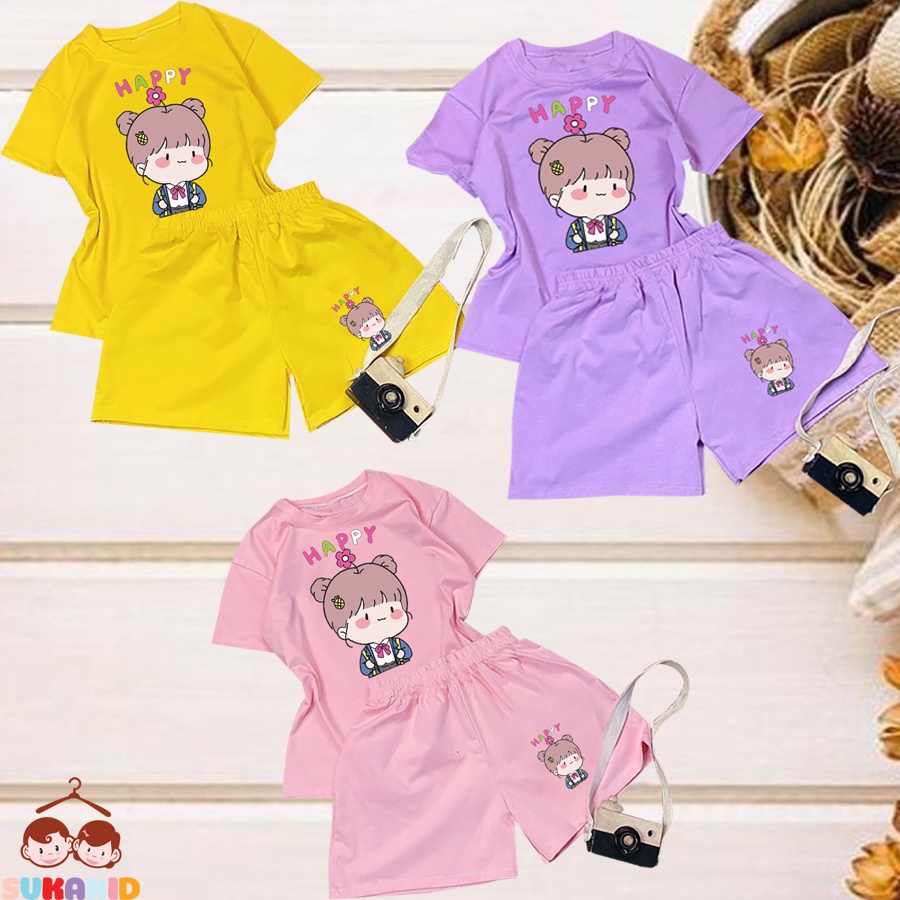 Đồ bộ ngắn tay bộ bé gái hinh bé gái happy cành hoa cho be từ 6kg-29kg.BDBG62.