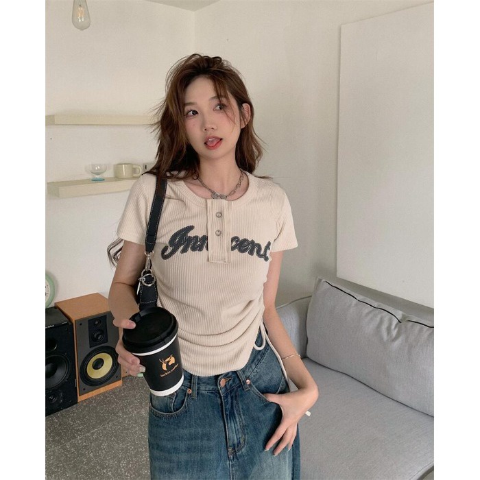 NUZIRO  Áo Thun Croptop Ngắn Tay Cổ Tròn Thời Trang Hàn Quốc Cho Nữ