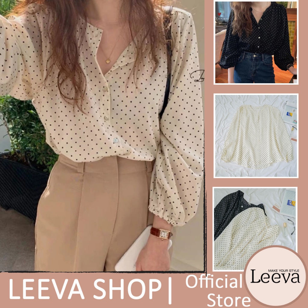 LEEVA - Áo kiểu nữ vải voan chấm bi phối tay bo đơn giản A258