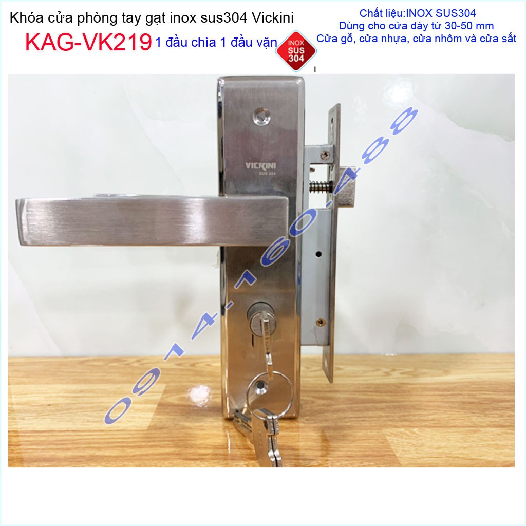 Khóa cửa tay gạt inox KAG-VK219, khóa cửa trọn bộ thân+ tay ốp + ruột khóa Vickini