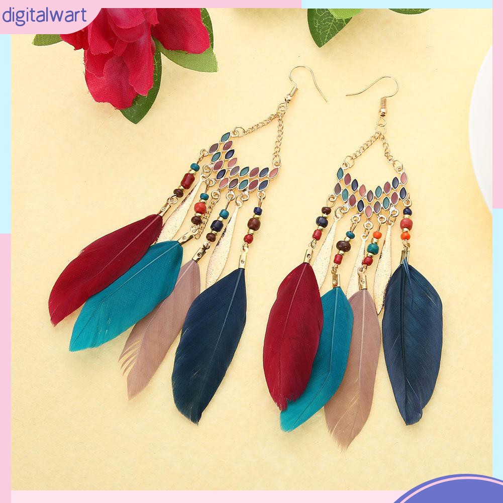 Khuyên Tai Dài Gắn Lông Vũ Phong Cách Bohemian Thanh Lịch Dành Cho Nữ