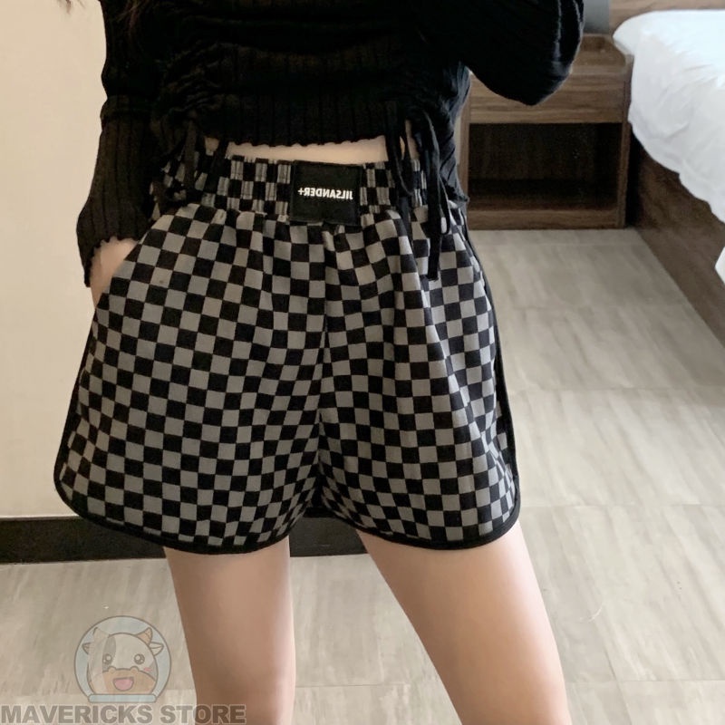 Quần Short Thể Thao Lưng Cao Họa Tiết Kẻ Ô Trắng Đen Thời Trang Mùa Hè Cho Nữ