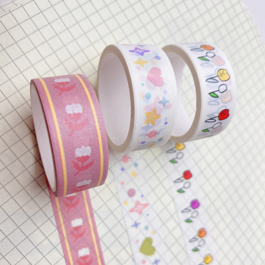 Cuộn Băng Keo Dán Họa Tiết Gấu/Hoa Tulip/Gấu Hoạt Hình 3m Kiểu Hàn Quốc Trang Trí Sổ Tay DIY