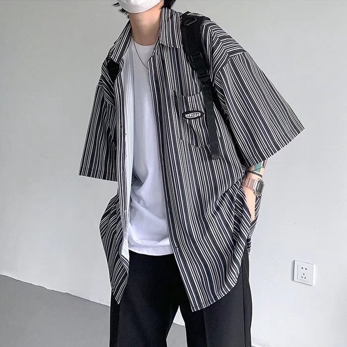 Áo Sơ Mi Tay Ngắn Dáng Rộng Họa Tiết Kẻ Sọc Thời Trang Retro Nhật Bản Cá Tính Cho Nam