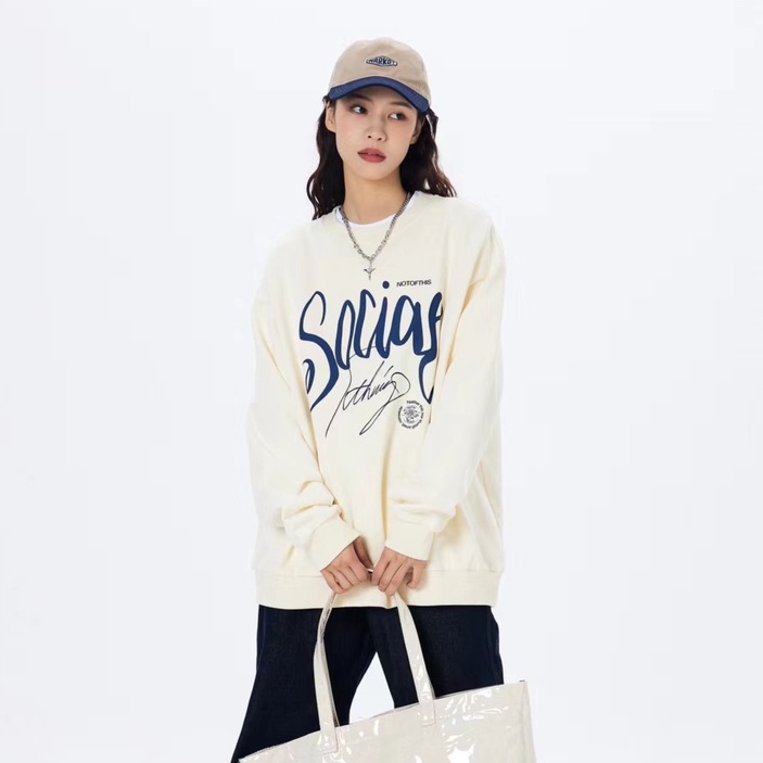 Áo Thun Tay Dài Dáng Rộng Hoạ Tiết Chữ In Phong Cách Preppy