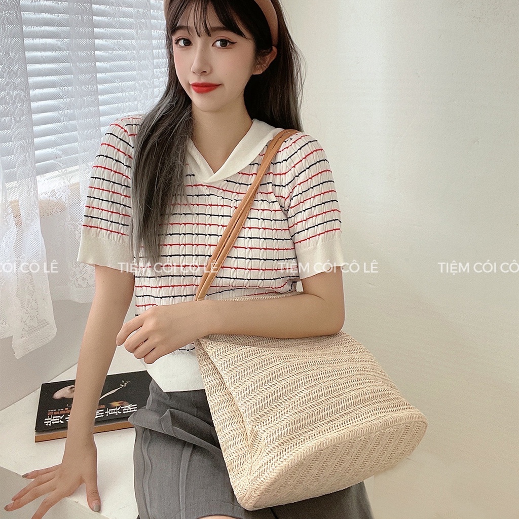 Túi cói đi biển dây đeo bằng da phong cách vintage - Tiệm Cói Cô Lê