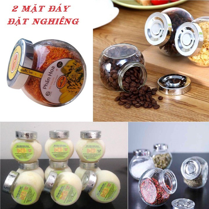 combo 2 hũ thủy tinh đựng bánh kẹo 480ml mẫu Tròn Dẹt kiểu Nghiêng 2 đáy - nắp nhựa màu bạc - hũ đựng gia vị thuỷ tinh