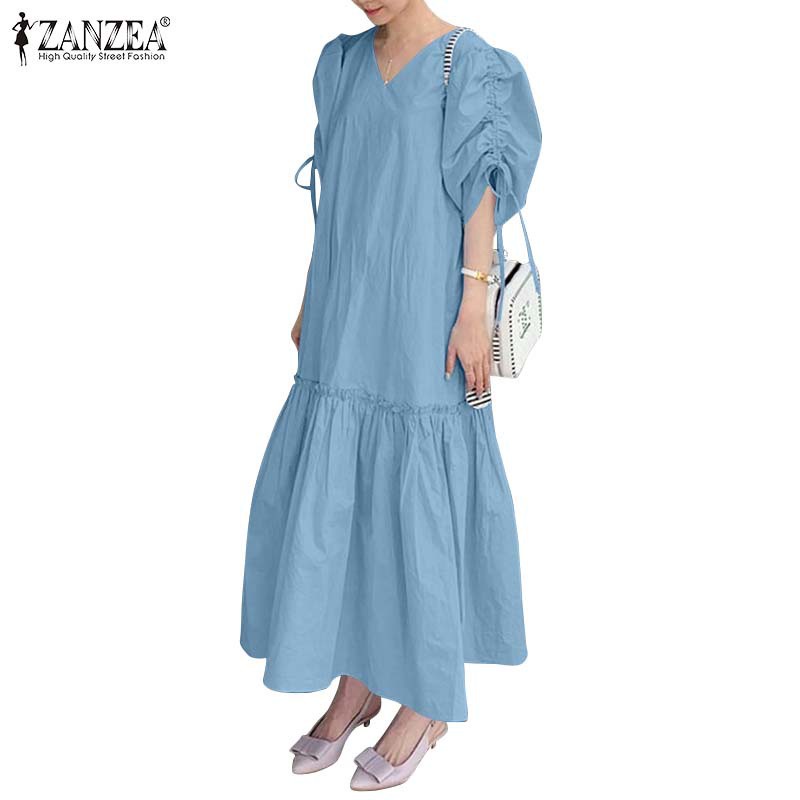 Đầm ZANZEA lai xếp nếp cổ V màu trơn tay phồng ngắn