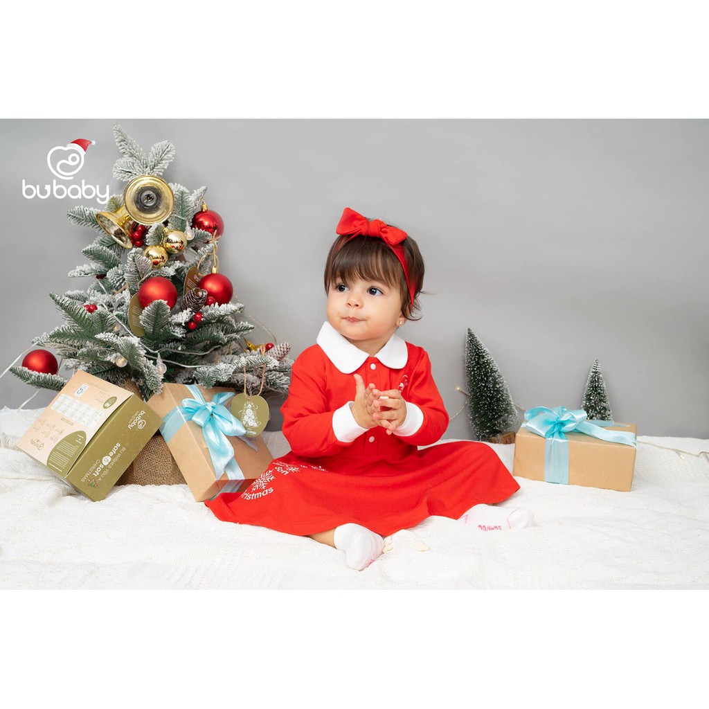 [Merry Christmas] Váy jingle đỏ kèm băng đô cotton sợi tre cao cấp bé gái BU