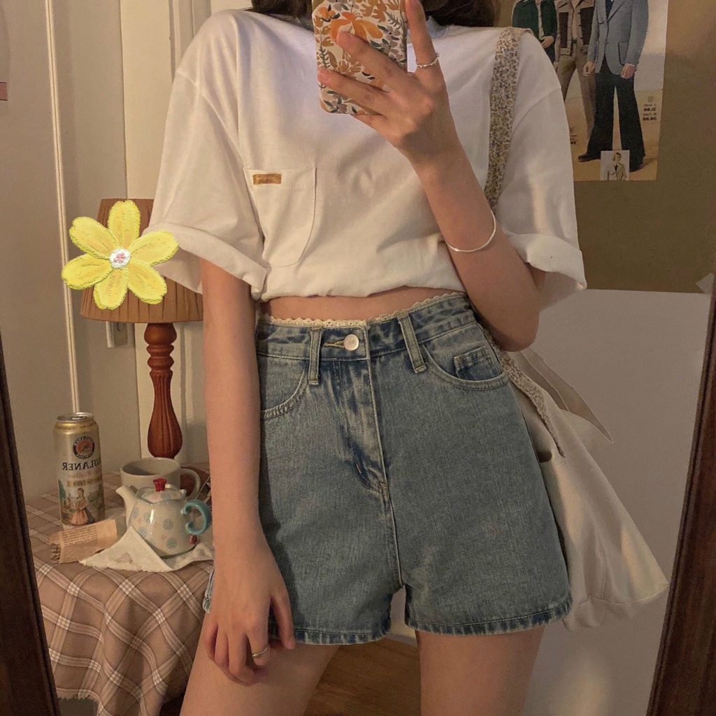 COZOK Quần Short denim Dáng Rộng Viền Ren Phong Cách Hàn Quốc