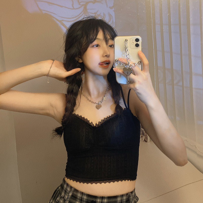Xiaozhainv Áo hai dây không gọng thép phối ren phong cách Hàn Quốc