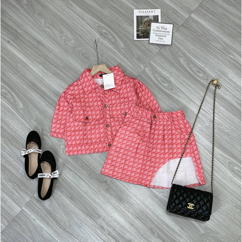 SET ÁO CARO HỒNG CHÂN VÁY RÁCH GẤU