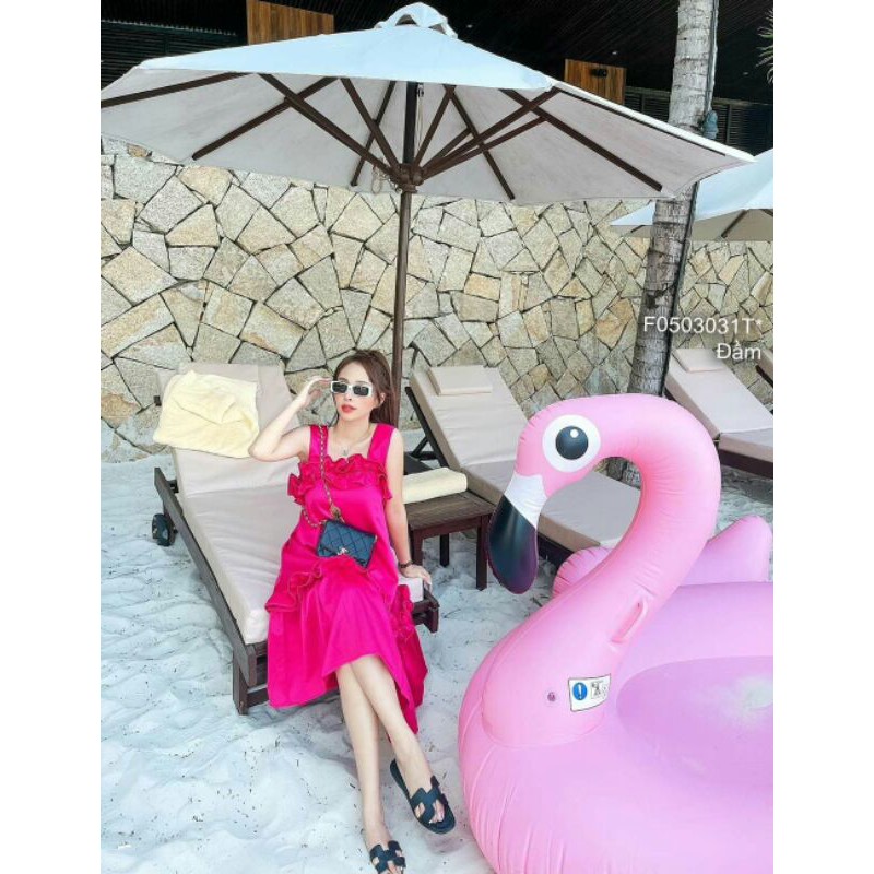 Đầm maxi hồng phối bèo nhún 2 dây bảng! | BigBuy360 - bigbuy360.vn