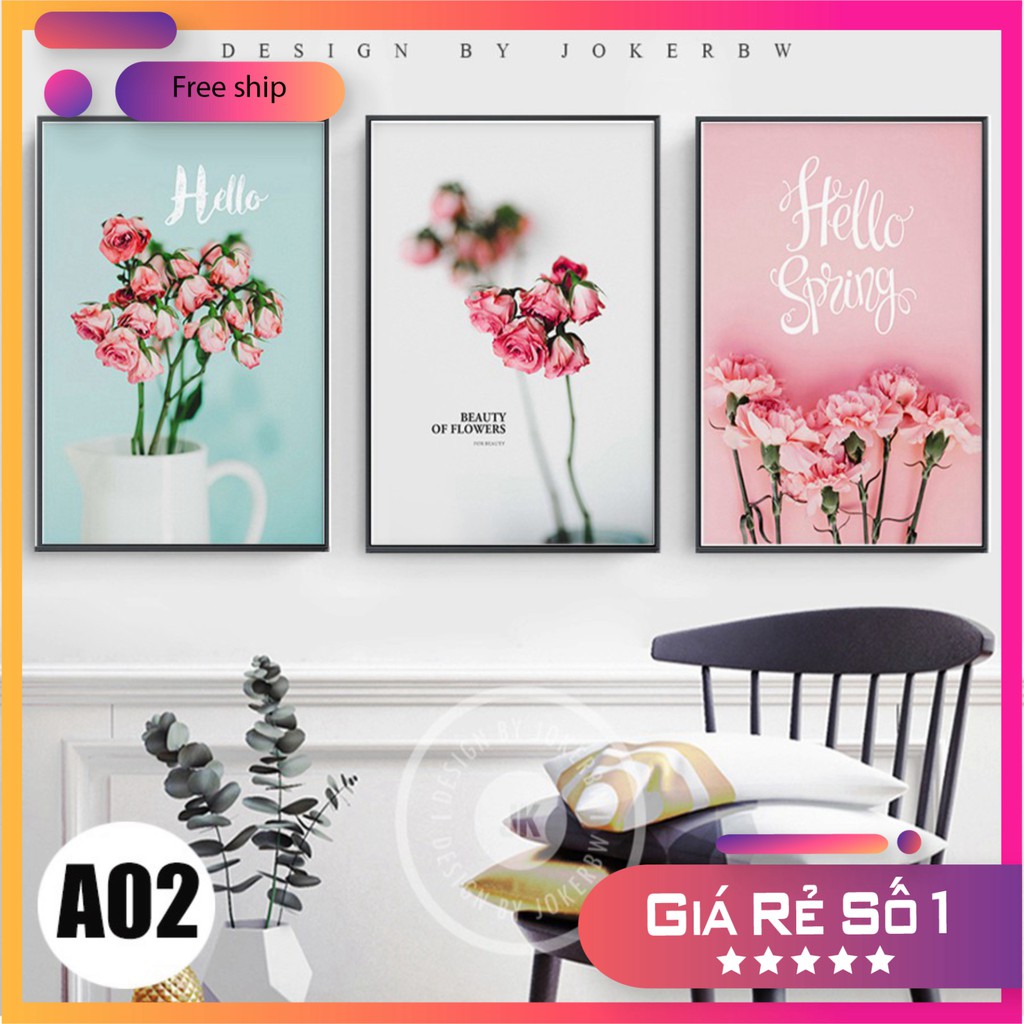Bộ 3 bức tranh canvas,tranh treo tường hoa A02