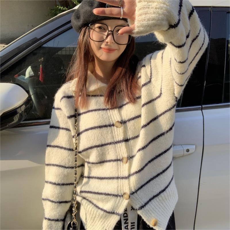 ZHELIHANGFEI Áo Sweater Dệt Kim Tay Dài Dáng Rộng Cổ POLO Họa Tiết Kẻ Sọc Dễ Phối Đồ Thẻ