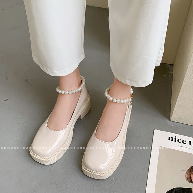 Giày Mary Jane Da Bóng Mũi Vuông Phối Quai Ngọc Ulzzang - GD021