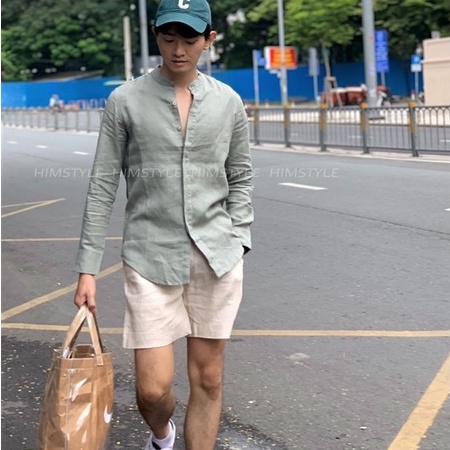 Áo Sơ Mi Nam Cổ Trụ Tay Dài Không Túi Linen Tưng