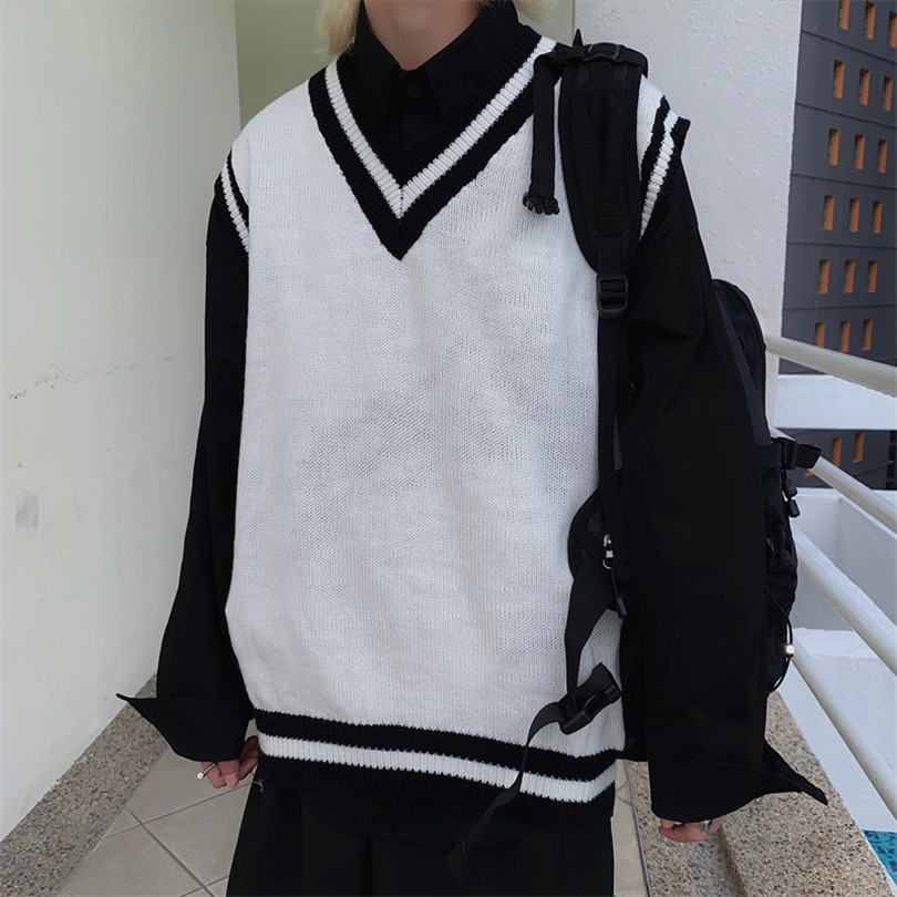 Áo Sweater Không Tay Dáng Rộng Cổ Chữ V Màu Sắc Retro Hàn Quốc Dành Cho Cặp Đôi