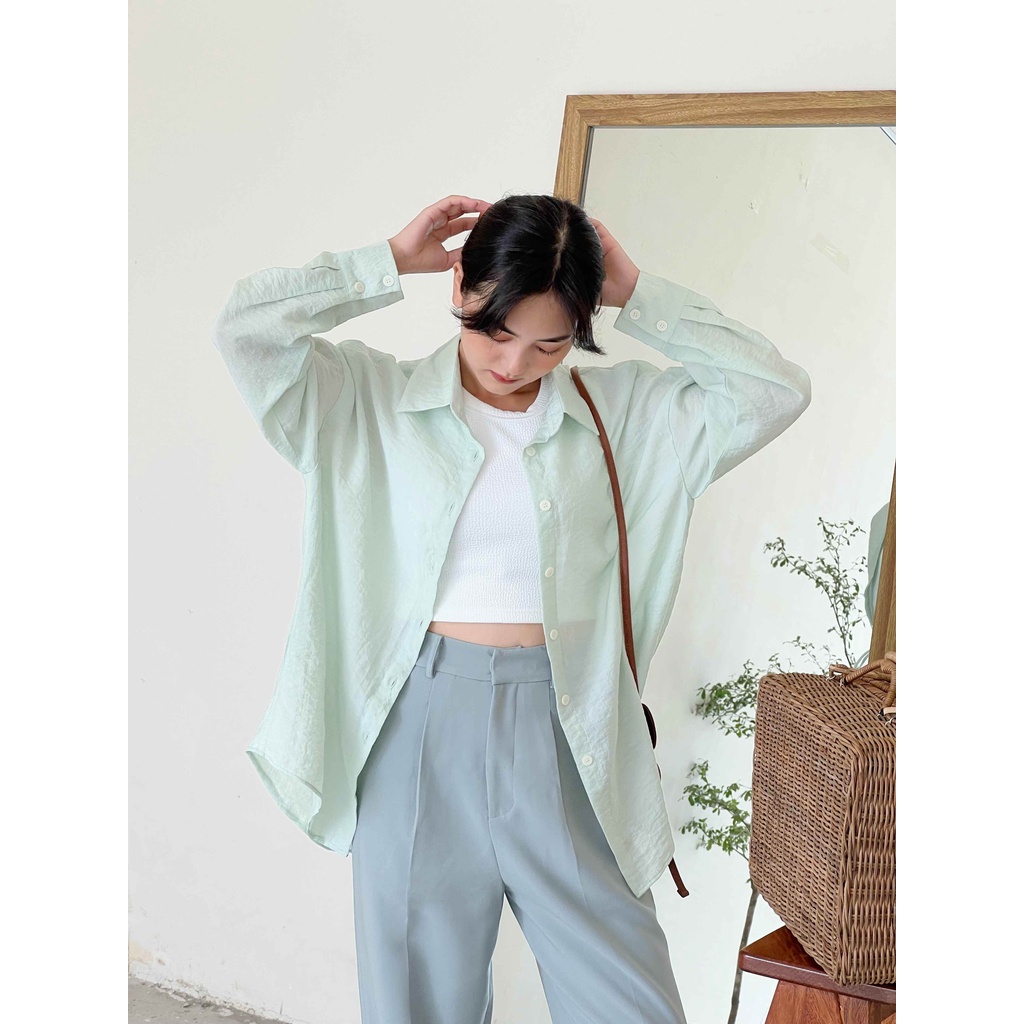Áo sơ mi see-through tay dài xẻ dọc thân sau thắt nơ thời trang GAGO màu xanh mint bạc hà GA3934