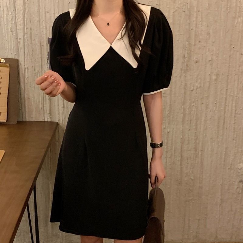 Đầm Tay Phồng Cổ Bẻ Màu Sắc Tương Phản Phong Cách Hàn Quốc Thời Trang Mùa Hè Xinh Xắn Cho Nữ