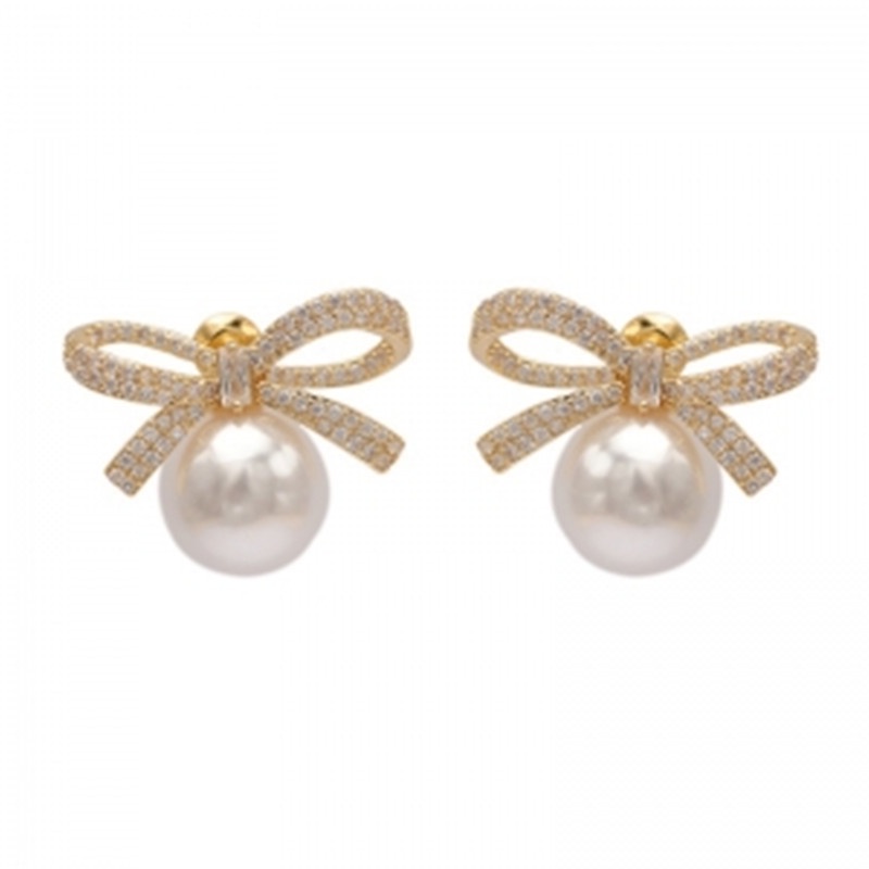 Bông tai mạ bạc 925 hình nơ đính ngọc trai nhân tạo phong cách hàn quốc