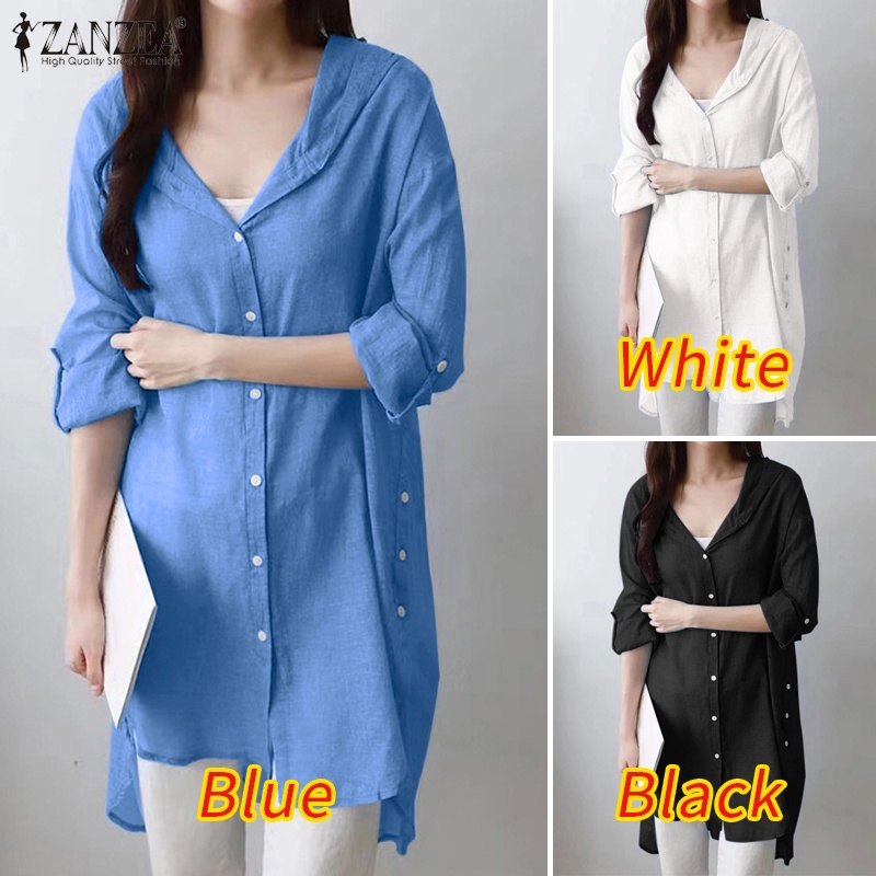 ZANZEA Áo Kiểu Dài Tay Có Mũ Trùm Đầu Phối Nút Xẻ Tà Thời Trang Cho Nữ
