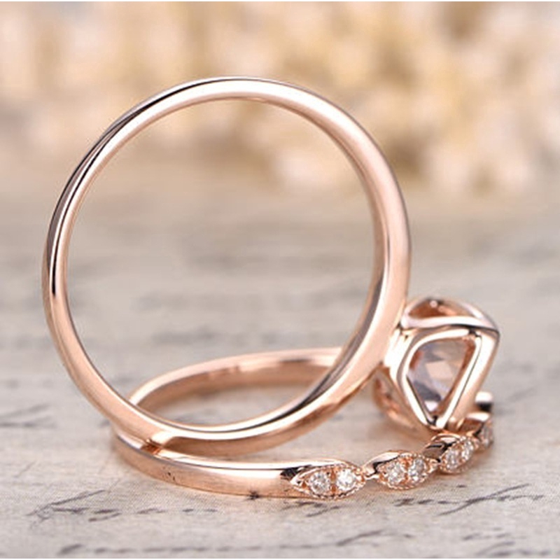 14K Set Cincin Pertunangan Warna Rose Gold Hias Kristal Berlian Imitasi untuk Wanita