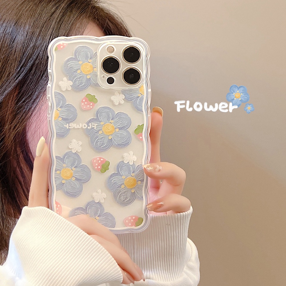 Ốp điện thoại hình hoa/dâu tây cạnh sóng bảo vệ toàn diện thích hợp cho iPhone 14 13 Pro Max 12 Mini 11 X Xs Xr 8 7