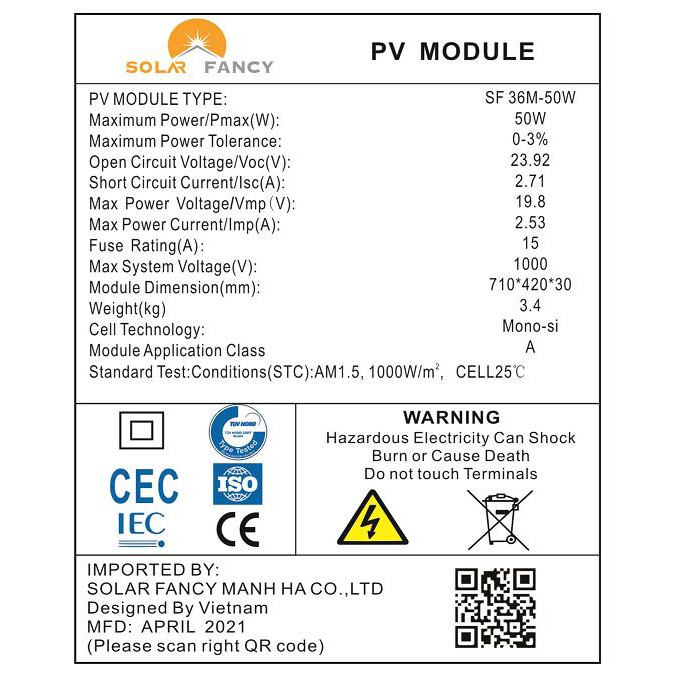 TẤM PIN NĂNG LƯỢNG MẶT TRỜI MỚI 9bb MONO 50W HÀNG CHÍNH HÃNG SOLARFANCY(được tặng Jack mc4))