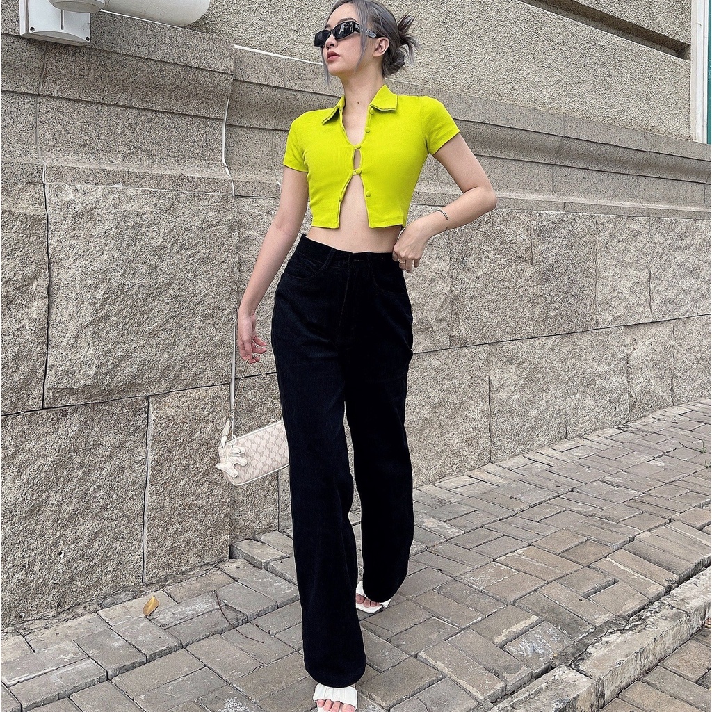 Áo croptop nữ body TOPTIFY ngắn tay phối nút bọc cổ bẻ Kylee Top AC103 | WebRaoVat - webraovat.net.vn