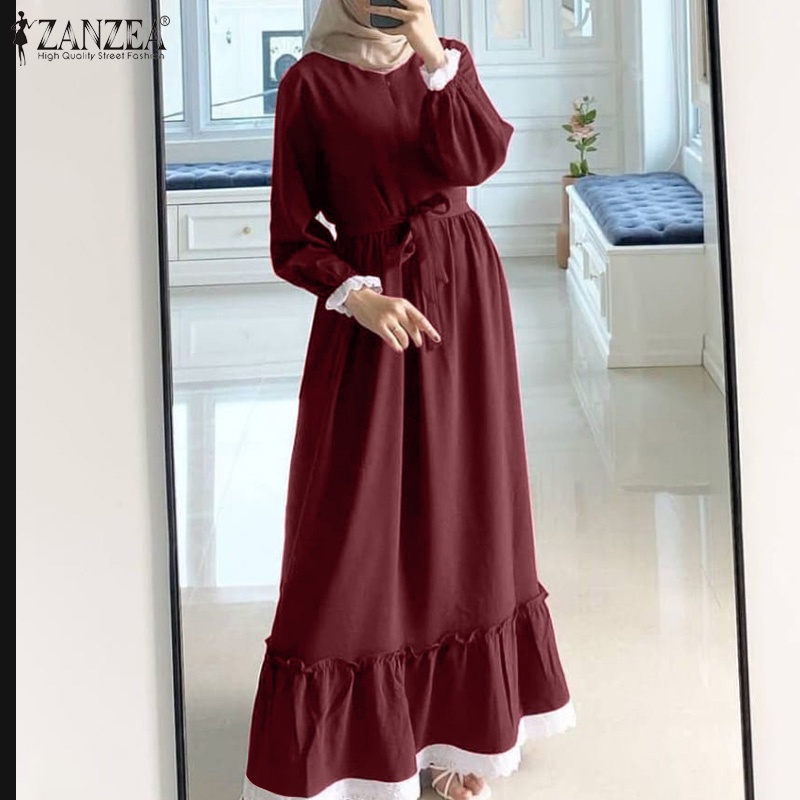 Đầm maxi ZANZEA tay dài cổ tròn màu trơn viền nhún bèo phong cách thanh lịch thời trang thường ngày cho nữ
