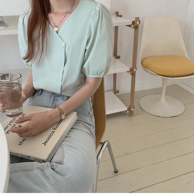 SUXI Áo Sơ Mi Tay Ngắn Cổ Chữ V Dáng Rộng Màu Sắc Đơn Giản Thời Trang Mùa Hè Cho Nữ